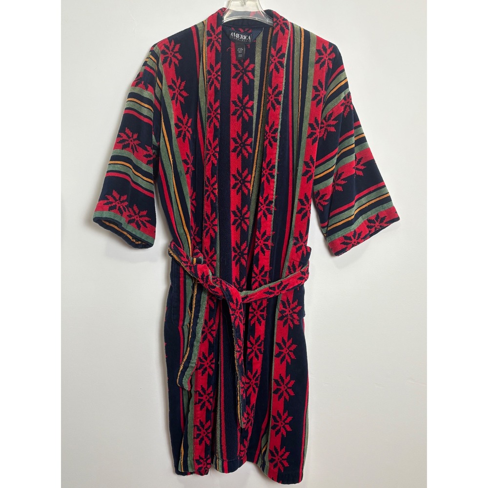 Perry Ellis America Mens Vintage Robe OS Cotton Terry Retro Snowflake Stripe